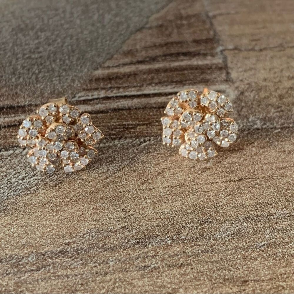 14K Yellow Gold Diamond Pave Stud Earrings 2.2g 3D Flower Near Colorless 0.63 Ct